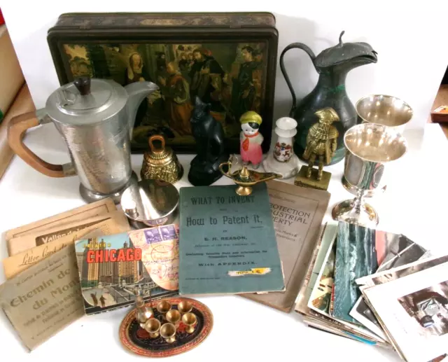 LOT Vintage Antique COLLECTIBLES Curios, PEWTER, Brass, Tin, Postcards Etc