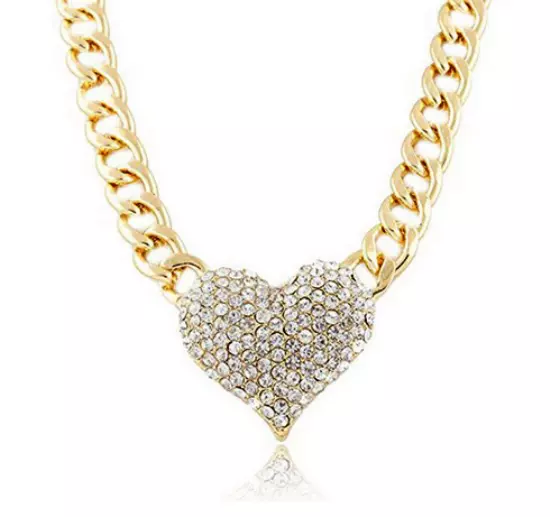 Damen Hals Kette Collier Modekette Strass Gold 3D Herz Freundin Frau Geschenk