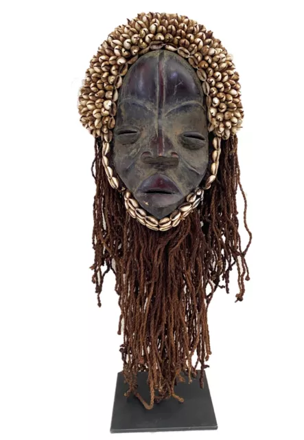 Superb Dan Mask Deangle Cowry Shells  on Custom  made Iron Stand  23" H