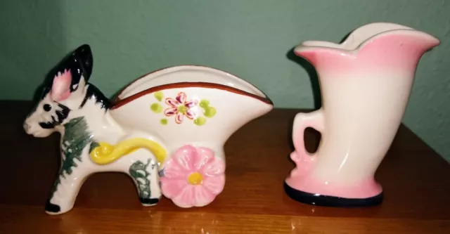 Lot of 2 Vtg small donkey and cart; mini vase porcelain 2