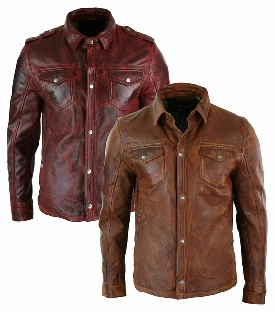 Men's Authentic Lambskin Real Leather Waxed Shirt Jacket Vintage Slim Fit Biker