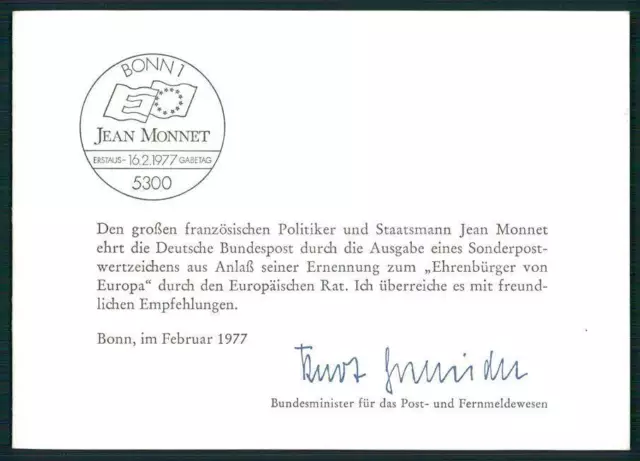 BRD MINISTERKARTE 1977 JEAN MONET EUROPA CEPT MINISTER CARD RARE!! m3590