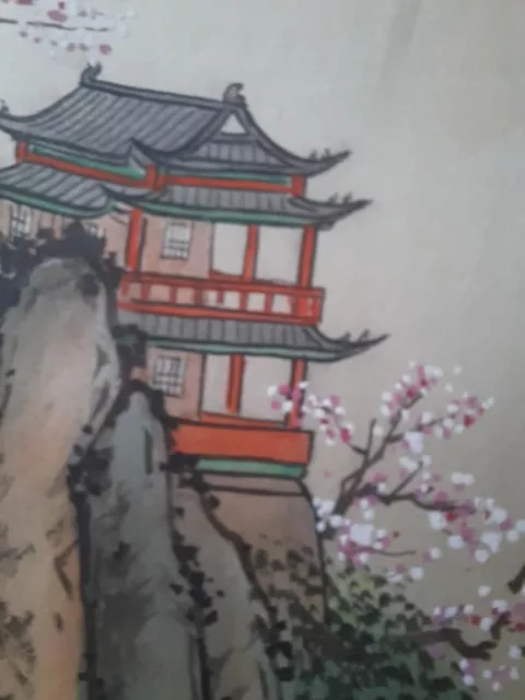 Antique Chinese Silk Landscape Painting Cherry Blossoms Signed Sealed