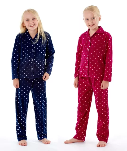 Spot Print Girls Revere Collar Warm Fleece Pyjama Fuschia and Navy 7 to 13 YEARS