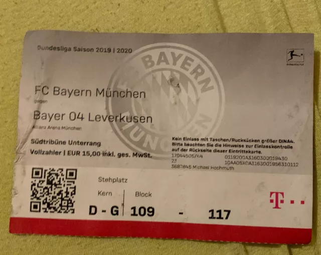 Used Sammler Ticket FC Bayern München vs Bayer 04 Leverkusen 1. BL 29.11.19 FCB