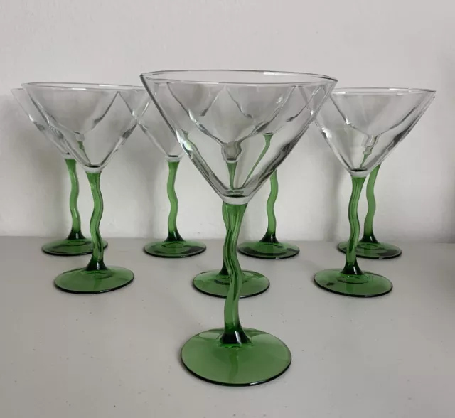 Vintage Libbey Courbe Martini Glasses w/ Green ZigZag Stems 7 5/8 tall (set  of 8)