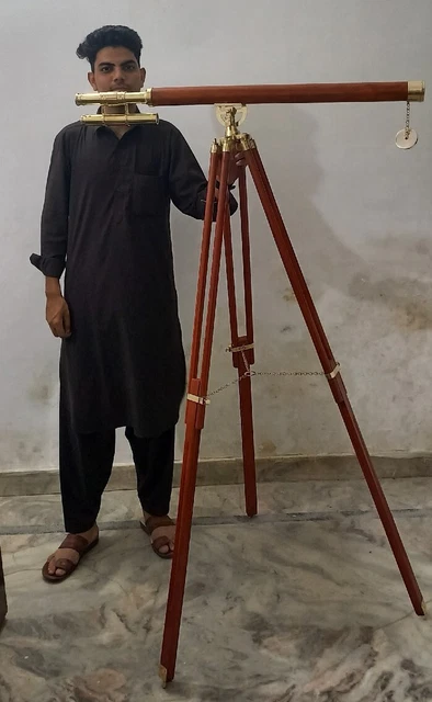 Antique Nautical Floor Standing Brass Telescope With Wooden Tripod Stand 39"