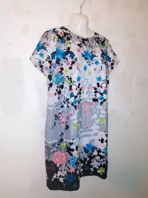 Bnwt Oasis Floral Floral Short Sleeved Shift Knee Length Grey Mix Dress Size 14