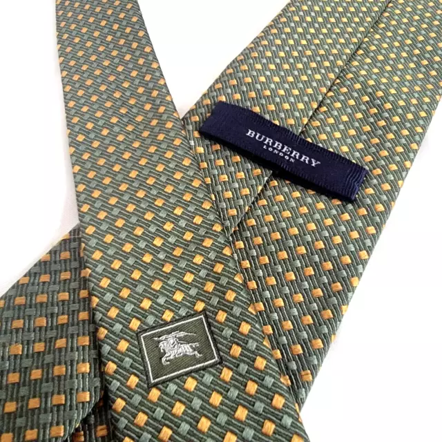 Burberry of London Tie Green Gold Checked Woven Silk Necktie