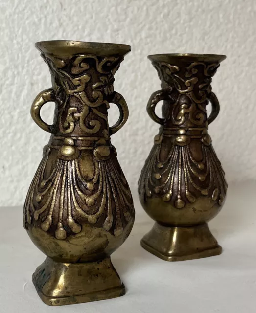 Ancien début XXème paire de vase Chinois ? en bronze poignée en tête d'éléphant