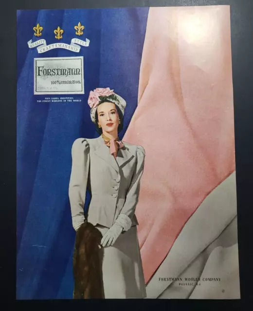 1946 Print Ad Forstmann 100% Virgin Wool Woman Wearing Vintage Suit & Skirt