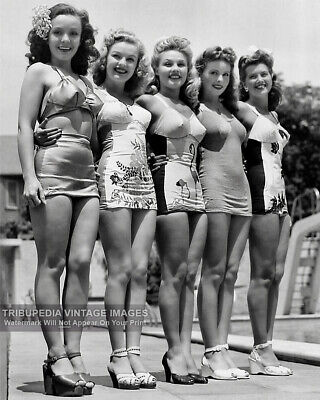 1940s Beautiful Hollywood Starlets Modeling Swimsuits Photo - Five Pin-Up Girls