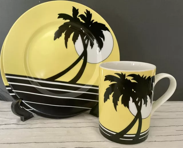 Vintage Fitz And Floyd PALM BEACH Yellow And Black 2 Plates 1 Mug