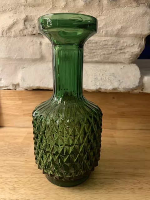 Vintage Empoli Glass Diamond Point Decanter Green Bottle Vase Mid Century