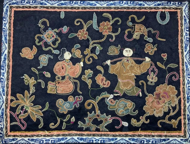 FINE ANTIQUE 19th c QI’ING DYN CHINESE EMBROIDERED SILK PANEL FINE EMBROIDERY!