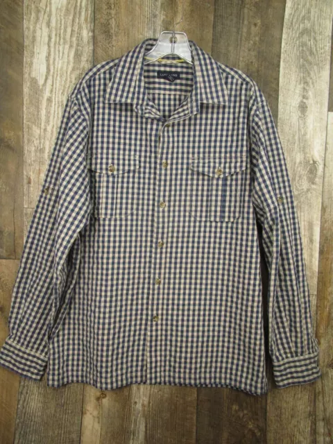 Lands' End Shirt Mens Large Blue Plaid Cotton Poly Blend Long Sleeve Button Up