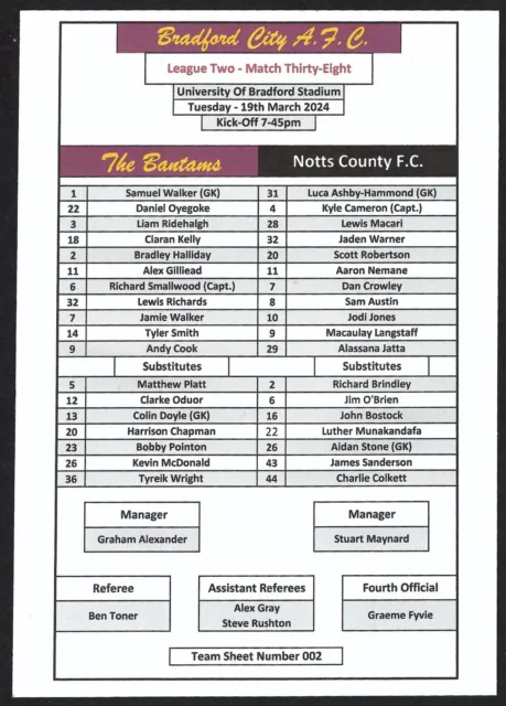 BRADFORD CITY v NOTTS COUNTY 19.03.24 LEAGUE TWO TEAM SHEET