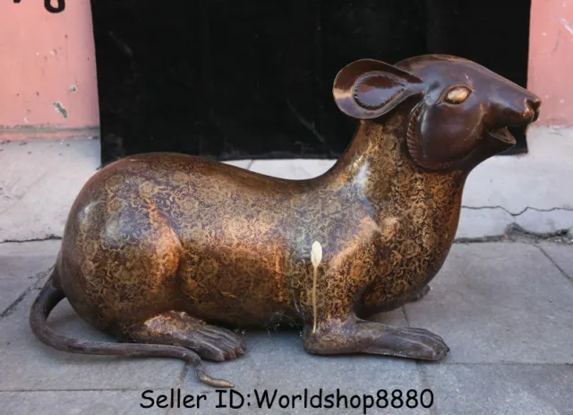 28" Huge Old China Bronze Gilt Feng Shui Zodiac Animal Mouse Mice Wealth Statue