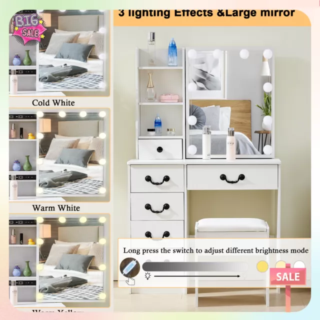 White Modern Dressing Table Mirror Stool Set Vanity Makeup Desk Drawers Bedroom