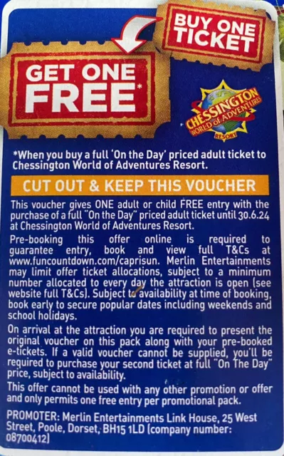 2 for 1 Entry Voucher To Chessington World Of Adventures- 1 Voucher