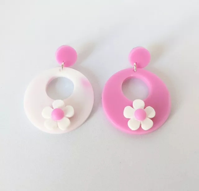 Handmade Resin Large Drop  Earrings Daisy Pink Statement Vintage Style Gift Wome