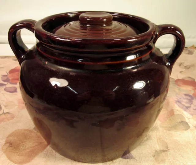 Vintage USA Dark Brown Glaze Stoneware Bean Pot Crock With Handles 6" Tall