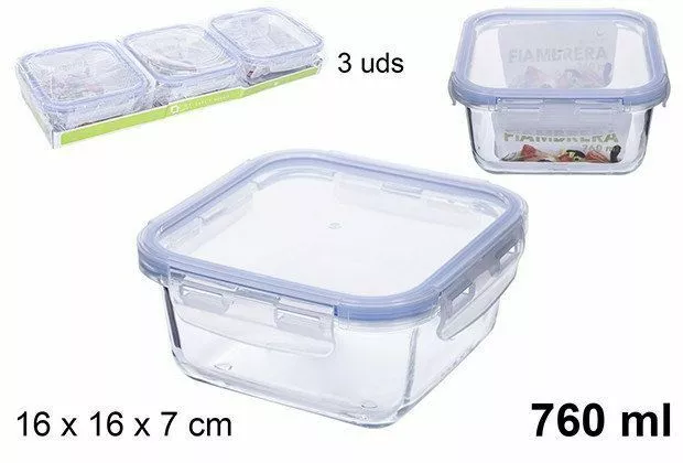 Set 3 Pièces Rangements Pour Aliments Verre avec Couvercle Plastique 760ml Dfh