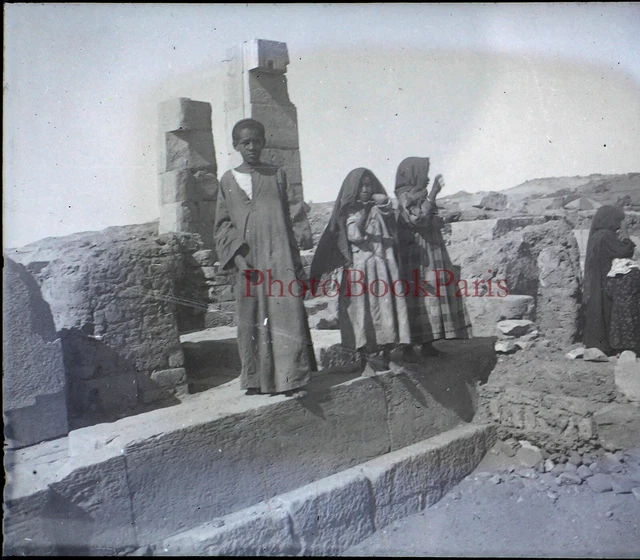 EGYPTE Enfants c1930 Photo NEGATIVE Plaque verre Stereo Vintage V28L10n1