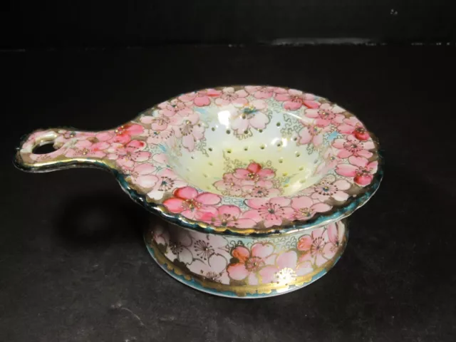 Antique Nippon Hand Painted Floral 2 Piece Porcelain Tea Strainer with Saucer