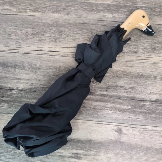 Vintage Umbrella Wooden Duck Head Black Nylon Large Compact Parasol Sunshade