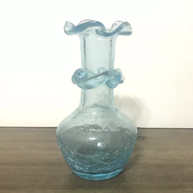Vintage Hand Blown Blue Crackle Glass Bud Vase Applied Collar