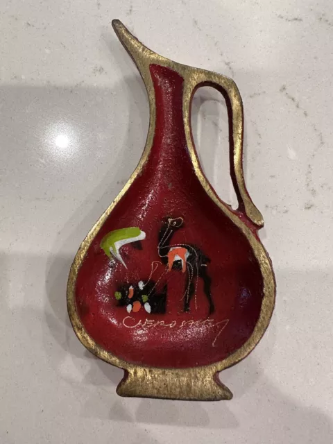 Vintage Small Jerusalem Brass Jug/ Pitcher Shape , Spoon Rest/wall Art In Red