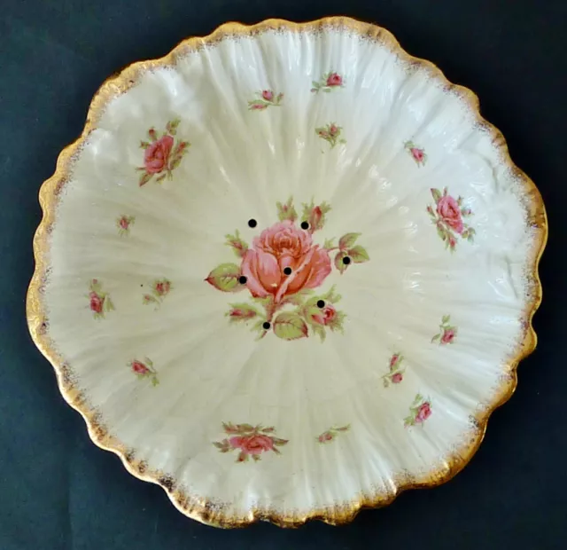 CROWN DUCAL roses large salad DRAINER BOWL lots gold embossed SHABBY CHIC VINTAG