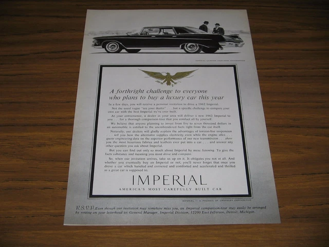 1961 Print Ad 1962 Chrysler Imperial LeBaron Four-Door Southampton 2 Men in Suit