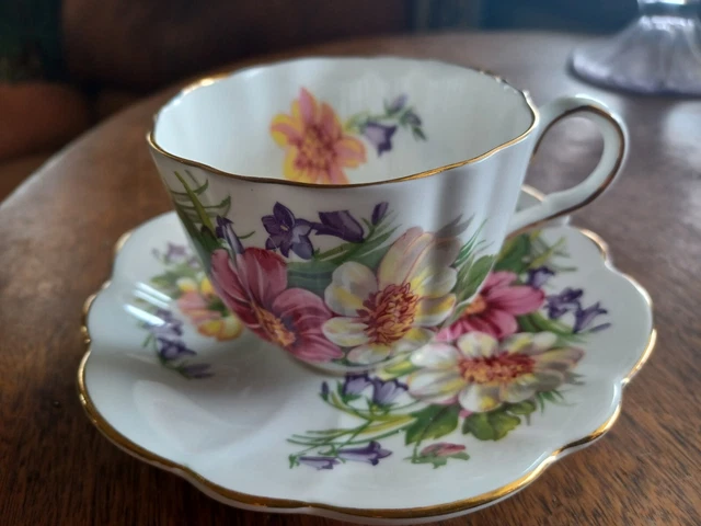 Crown Staffordshire England Tea Cup & Saucer Floral Gold Bone China