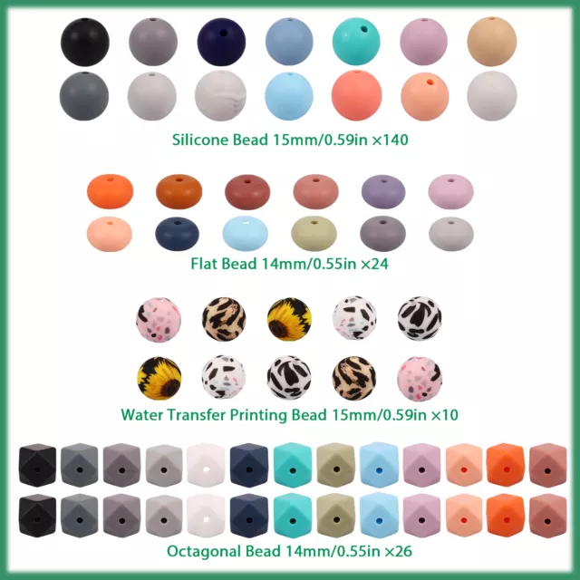 235Pcs Silicone Beads Bulk Kit Multiple Styles and Shapes 14mm Flat Beads QAUAO
