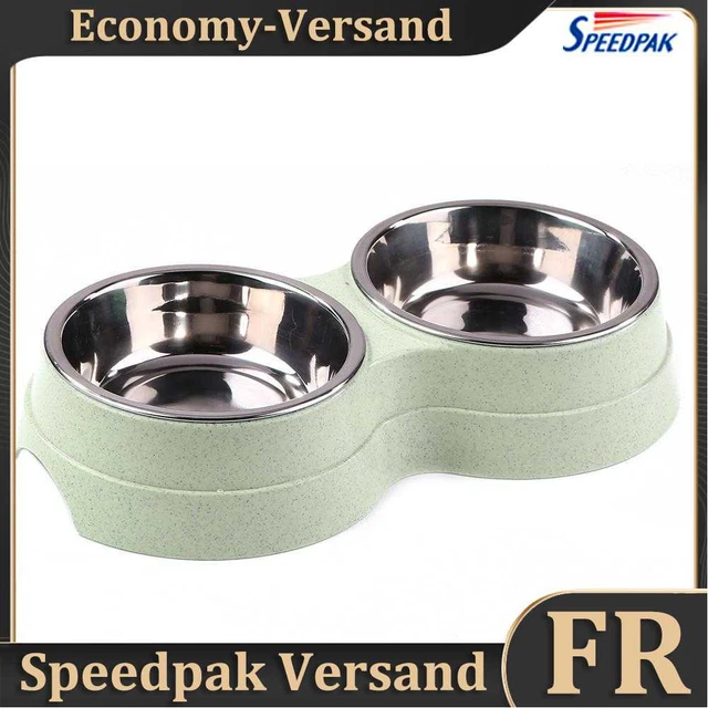 Dog Double Bowl Puppy Food Feeder Stainless Steel Pet Drinking Dish (Green) Hot