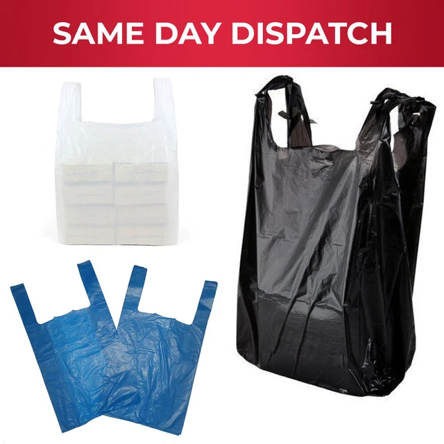 100 x Plastic Vest Carrier Bags Black Blue & White Mixed Sizes for Grocery