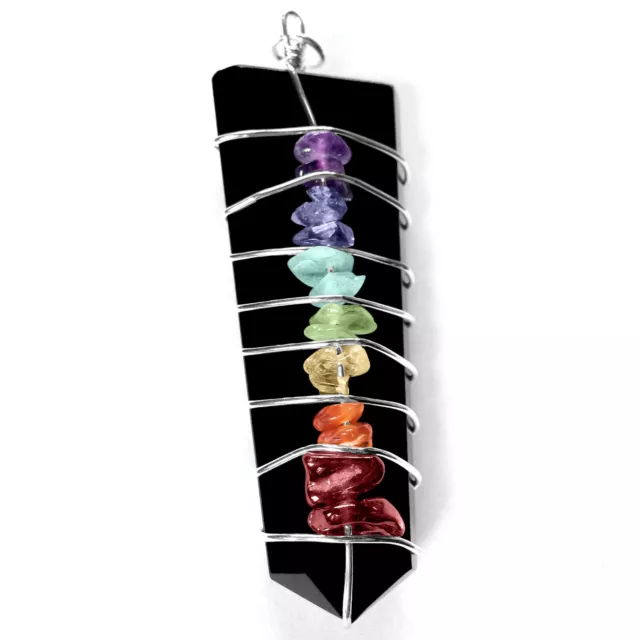 Black Tourmaline 7 Chakra Gemstone Pendant Silver Wire Wrap Crystal Necklace