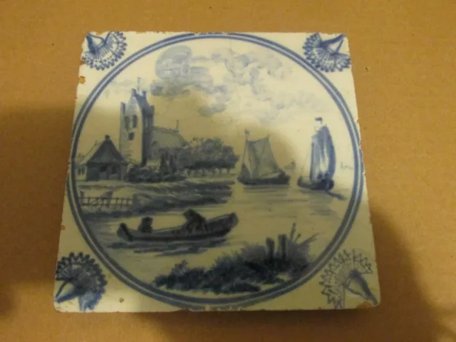 Antique Delft Holland Hand Painted Blue Ceramic Tile Boat