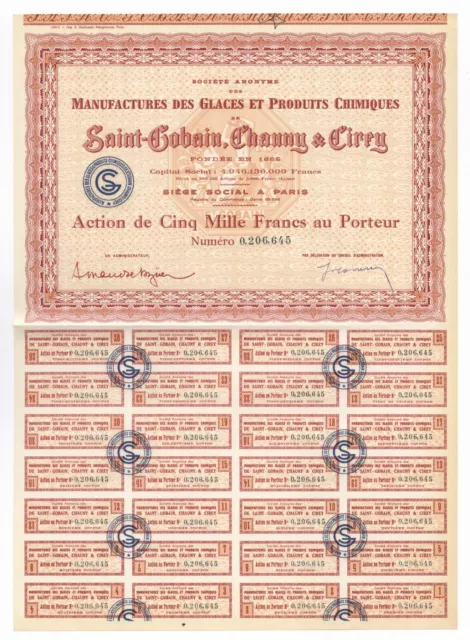 Saint-Gobain, Chauny & Cirey S.A. – Aktie über 5.000 Francs – um 1955