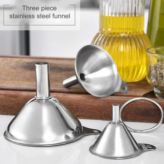 3x Stainless Steel Funnels Set Small Medium Large Kitchen Liquid Oil Wine