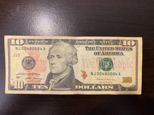 $10 Ten dollar bill fancy serial number (Trinary) 2017 Series - NJ00480084A
