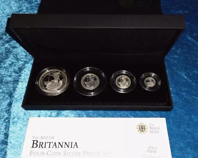 Solid Silver Proof 2012, 4 x UK Britannia coins set. Cased. COA. Lovely Set.