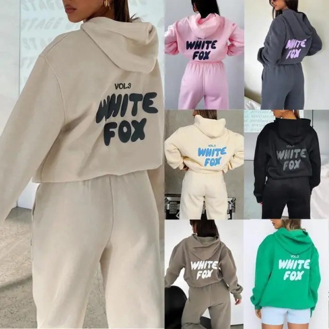 2Pcs White Fox Boutique Hoodies Tracksuit Set Sweatshirt Sweatpants Womens UK