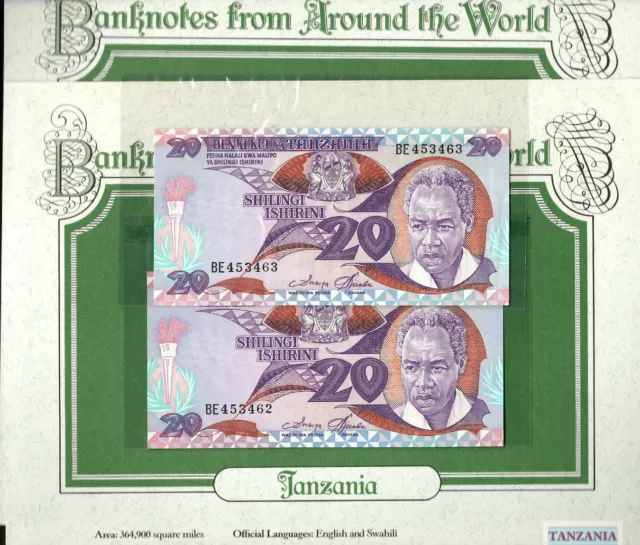 World Banknotes Tanzania 20 Shilingi 1985 P 9 UNC Prefix BE 2 consecutive #