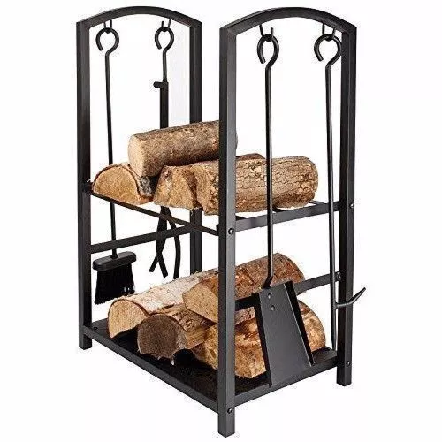 Fireside Indoor Log Rack Large Vintage Black Wood Burner Basket Stand With Tools