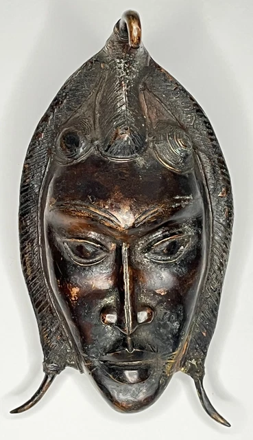 VINTAGE BENIN BRONZE TRIBAL WALL MASK ~ AFRICAN ART CRAFTS ~ 12" x 7" x 7.5"