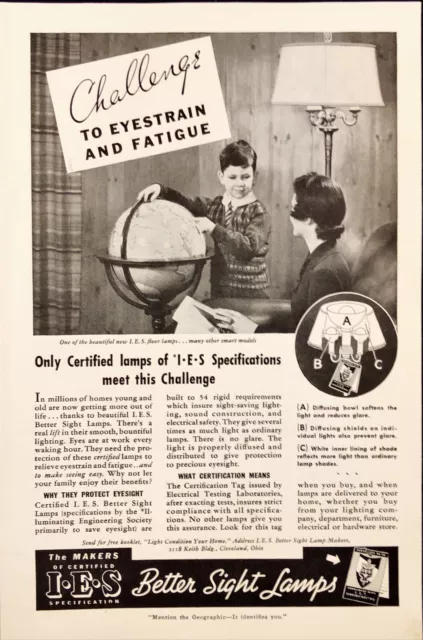 1938 I.E.S Better Lamps Vintage Print Ad Boy with Globe Help Eyestrain & Fatigue