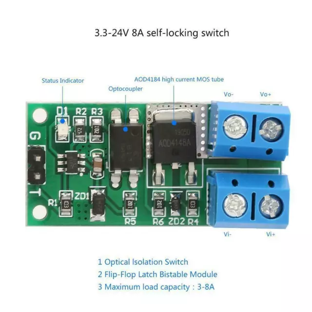 1PC 8A 3.3V-24V Flip-Flop  Isolation Self-locking Trigger Switches Module